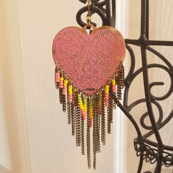 Earrings - Rustic pink hearts, dangle - Picture 2 of 5